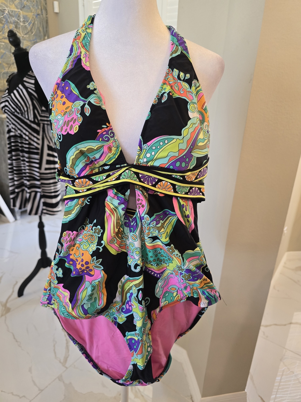 Trina Turk Black Multicolor Halter One-Piece with Pink Lining